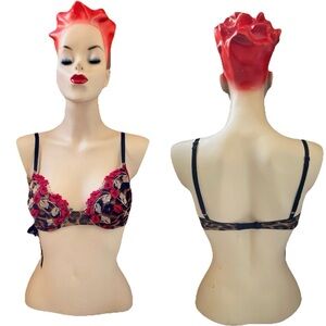 FREDERICKS of HOLLYWOOD Vintage Y2K LEOPARD Roses Corset Underwire BRA Size 34B